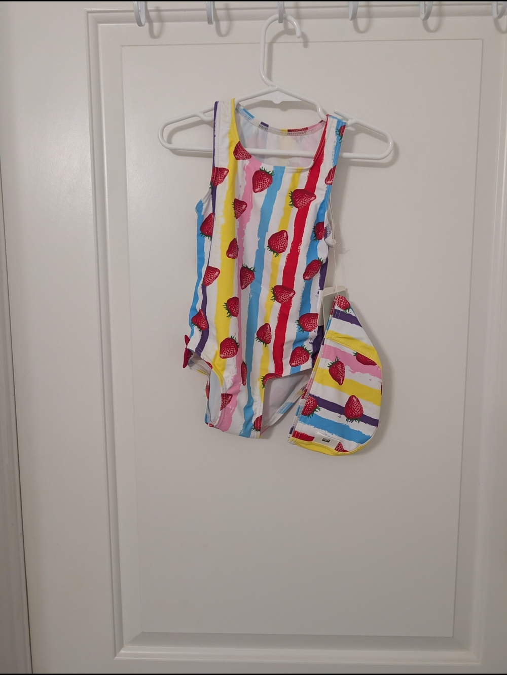 NWT Girls Strawberry Stripe One-Piece Swimsuit with Cap Size 3
